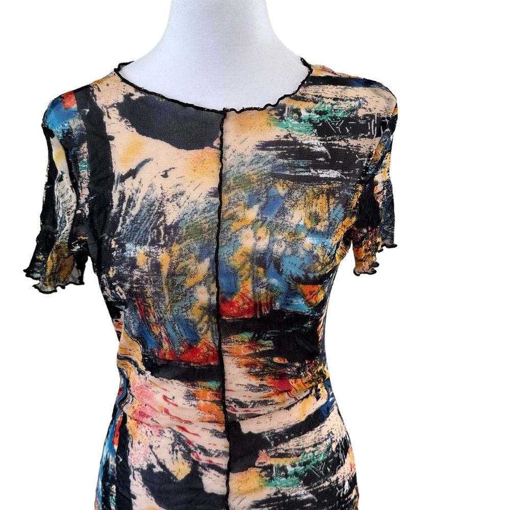 Blanc Sheer Short Sleeve Bodycon Multicolor Print Dress Size M NWOT - Picture 2 of 10